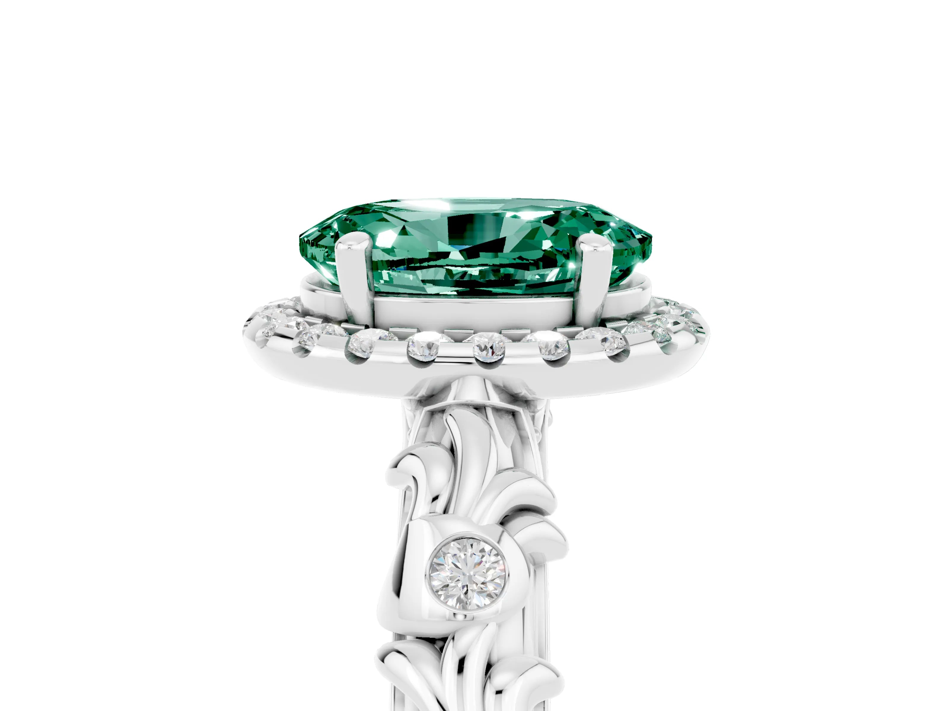 White gold Oval Cut Halo Diamond Solitaire with Filigree Band and Four-Prong Setting_5