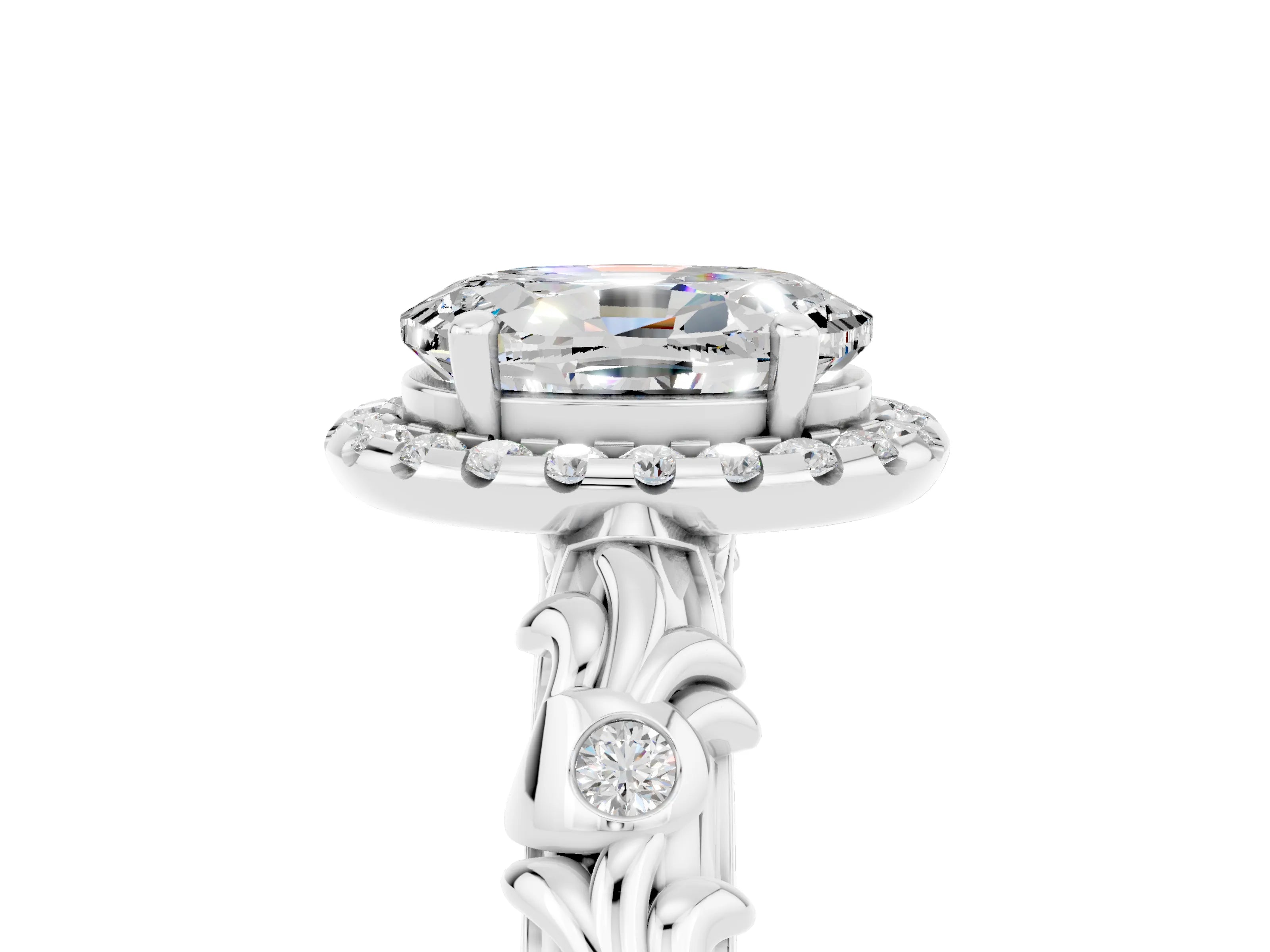 White gold Oval Cut Halo Diamond Solitaire with Filigree Band and Four-Prong Setting_5
