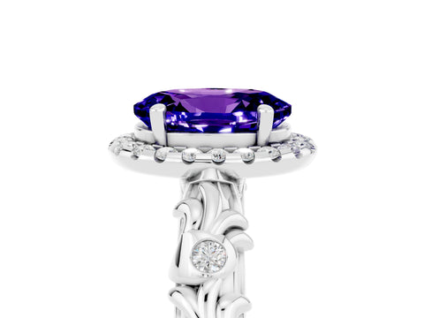White gold Oval Cut Halo Diamond Solitaire with Filigree Band and Four-Prong Setting_5