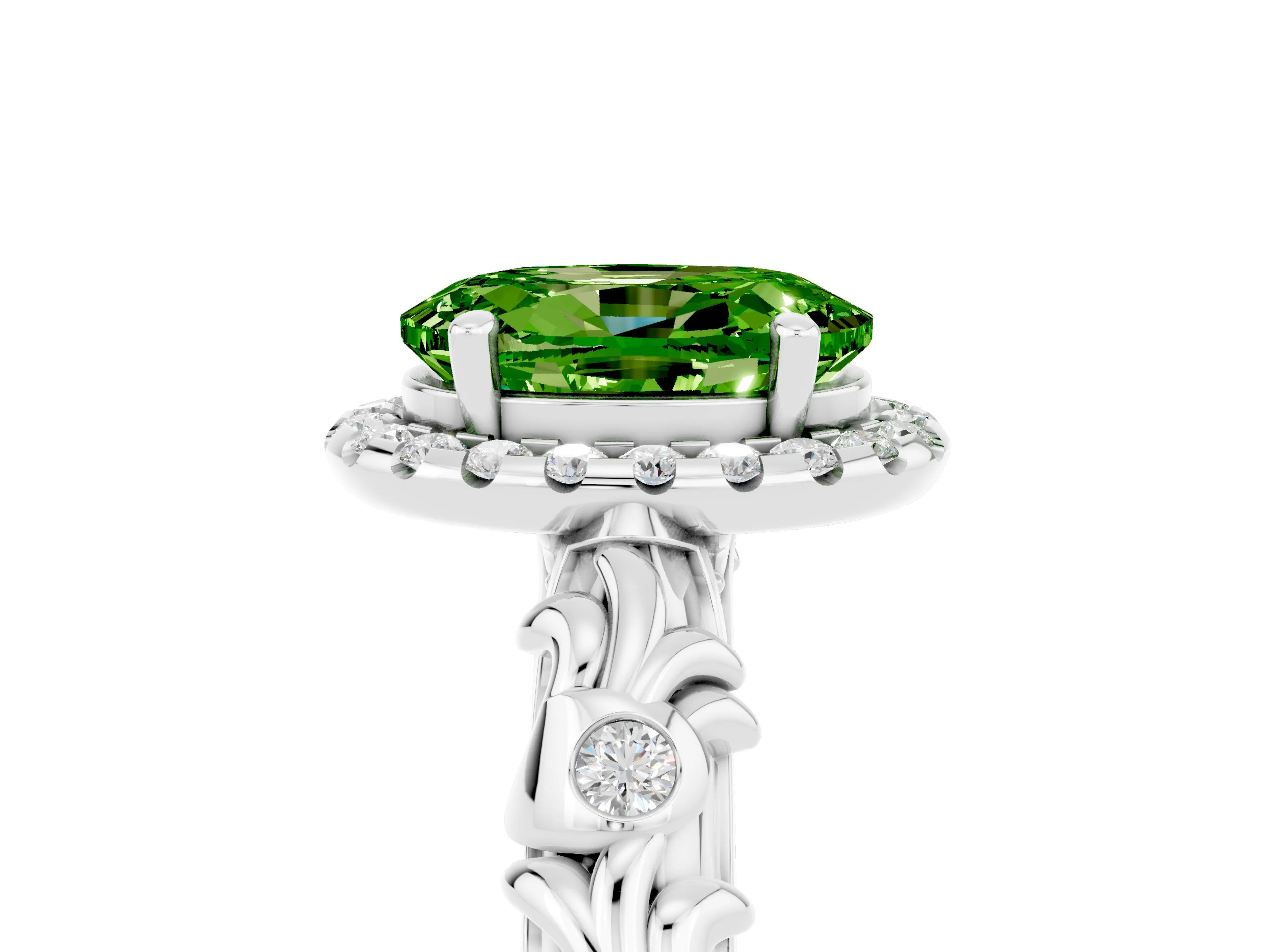 White gold Oval Cut Halo Diamond Solitaire with Filigree Band and Four-Prong Setting_5