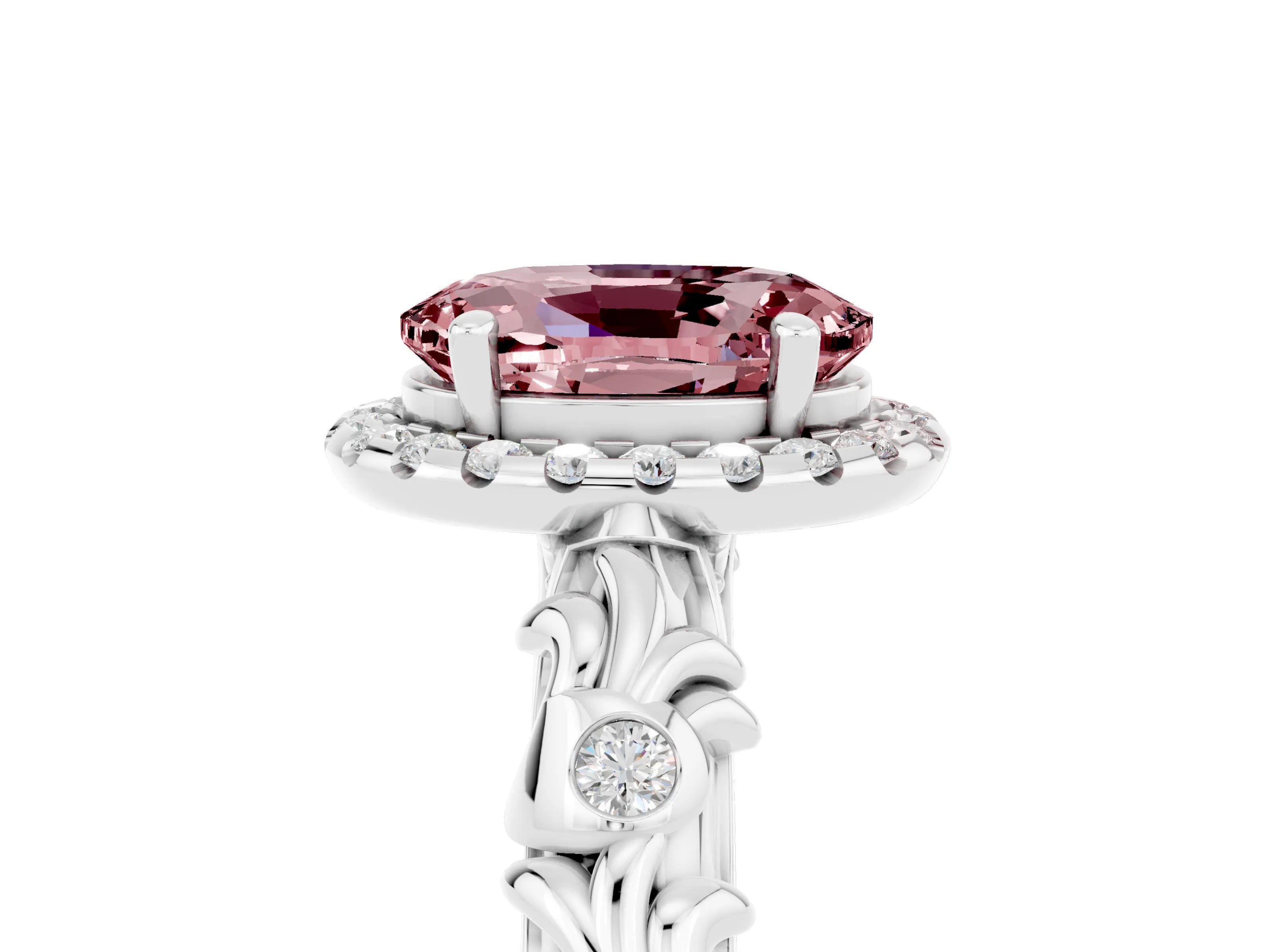 White gold Oval Cut Halo Diamond Solitaire with Filigree Band and Four-Prong Setting_5