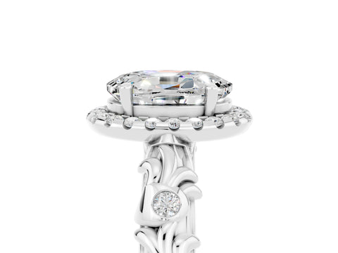 White gold Oval Cut Halo Diamond Solitaire with Filigree Band and Four-Prong Setting_5
