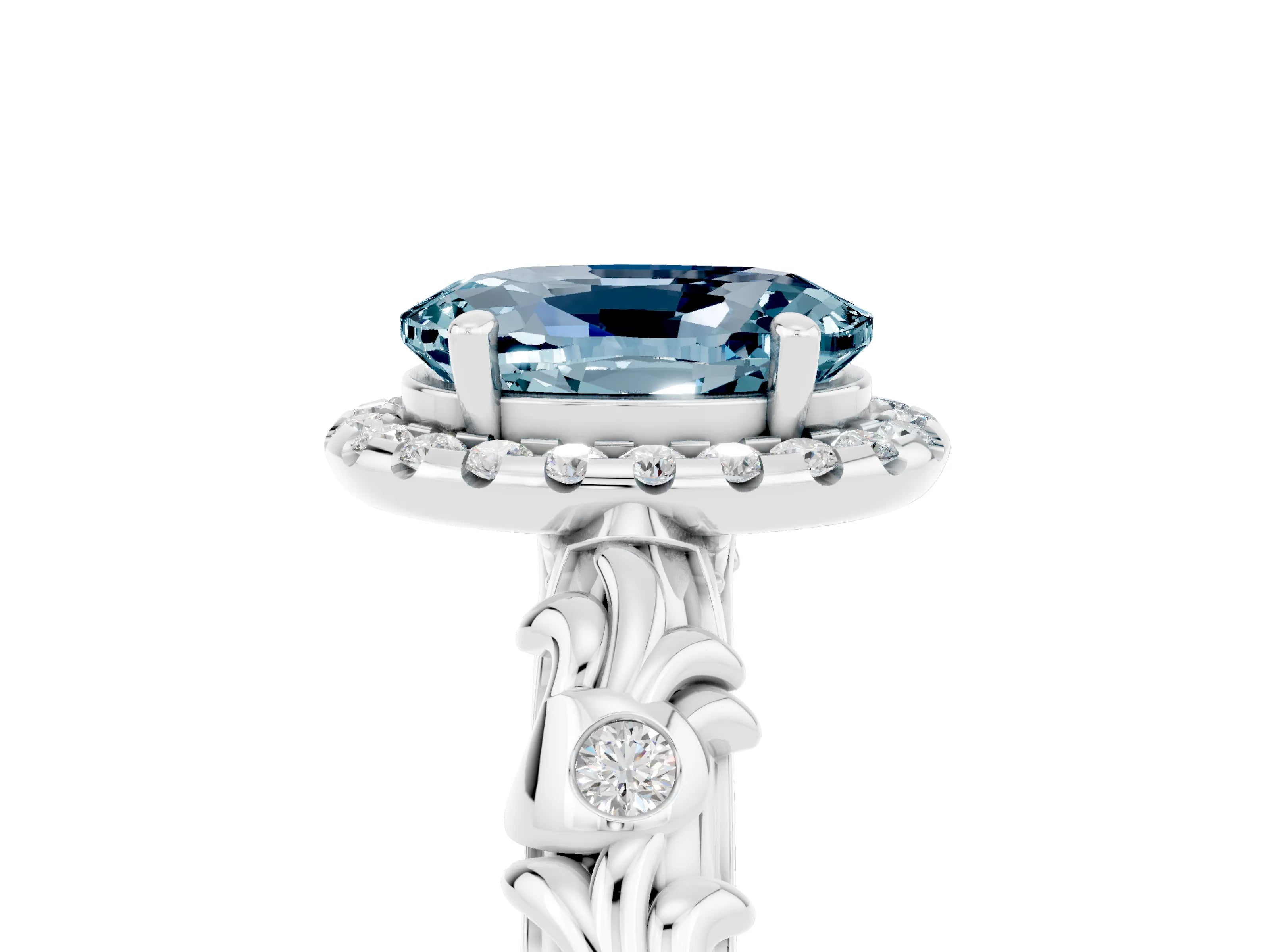 White gold Oval Cut Halo Diamond Solitaire with Filigree Band and Four-Prong Setting_5