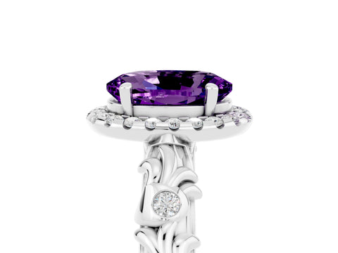 White gold Oval Cut Halo Diamond Solitaire with Filigree Band and Four-Prong Setting_5