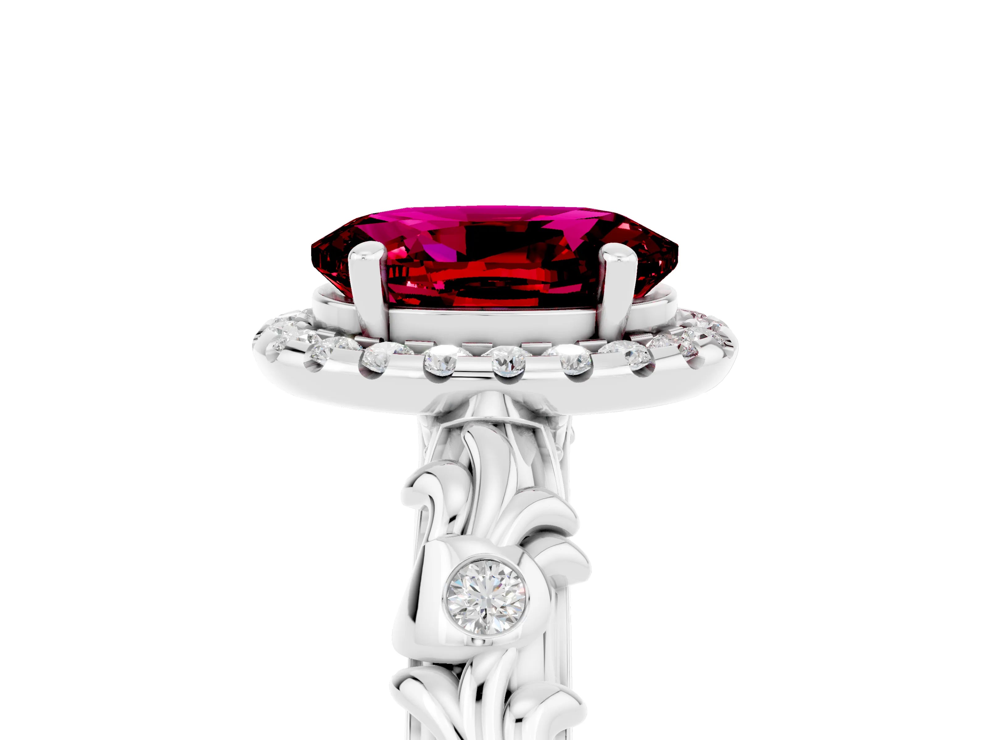 White gold Oval Cut Halo Diamond Solitaire with Filigree Band and Four-Prong Setting_5