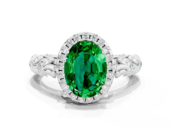Silver Oval Cut Emerald Halo Ring with Filigree Band and Prong Setting