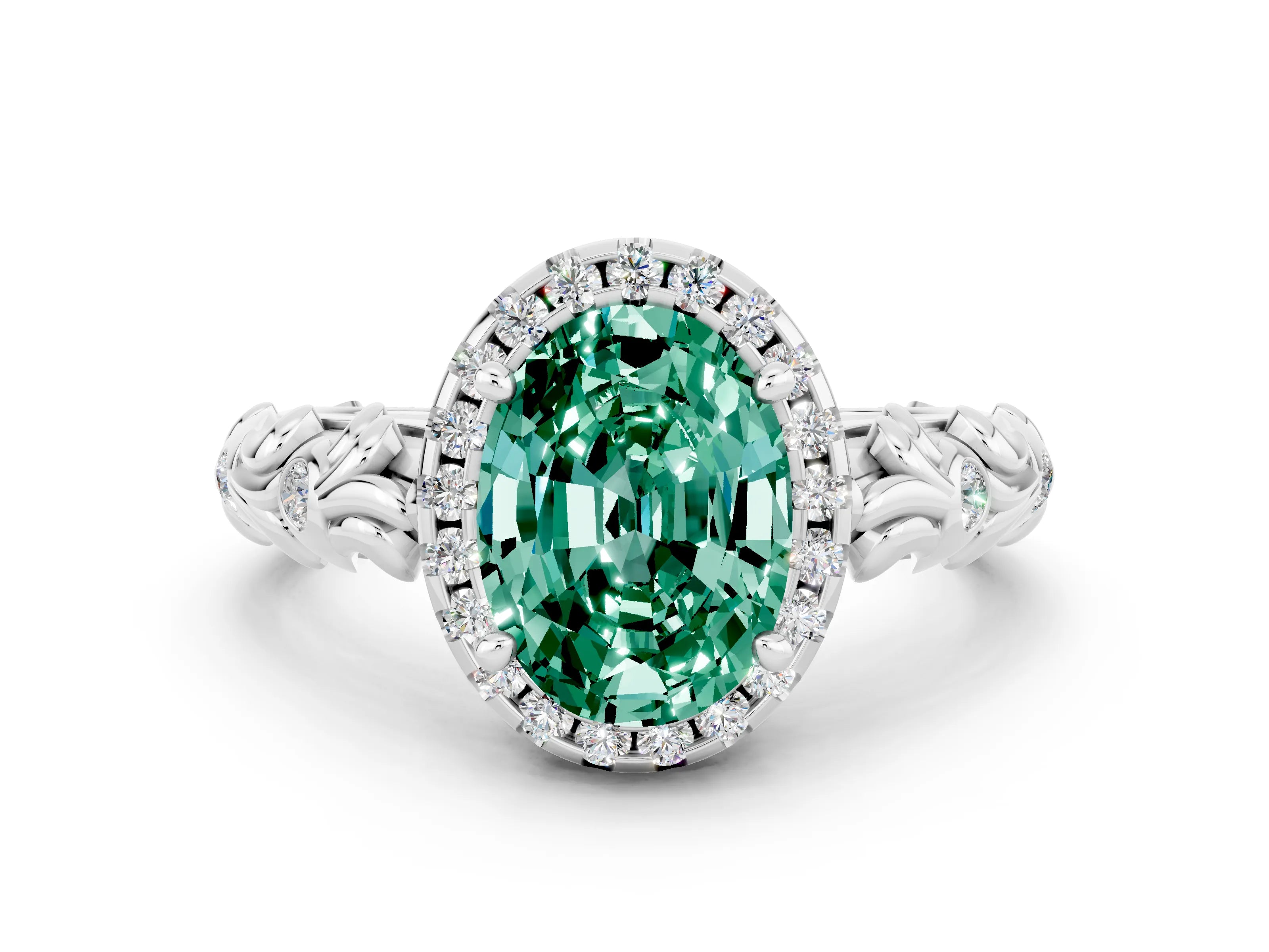 White gold Oval Cut Halo Diamond Solitaire with Filigree Band and Four-Prong Setting