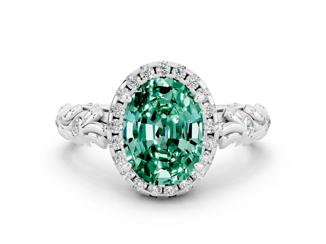 White gold Oval Cut Halo Diamond Solitaire with Filigree Band and Four-Prong Setting