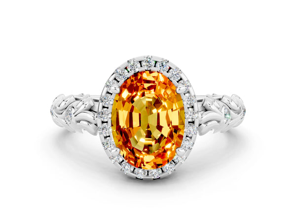 Silver Oval Cut Citrine Halo Ring with Filigree Band and Prong Setting