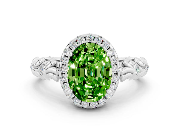 Platinum Oval Cut Peridot Halo Ring with Filigree Band and Prong Setting
