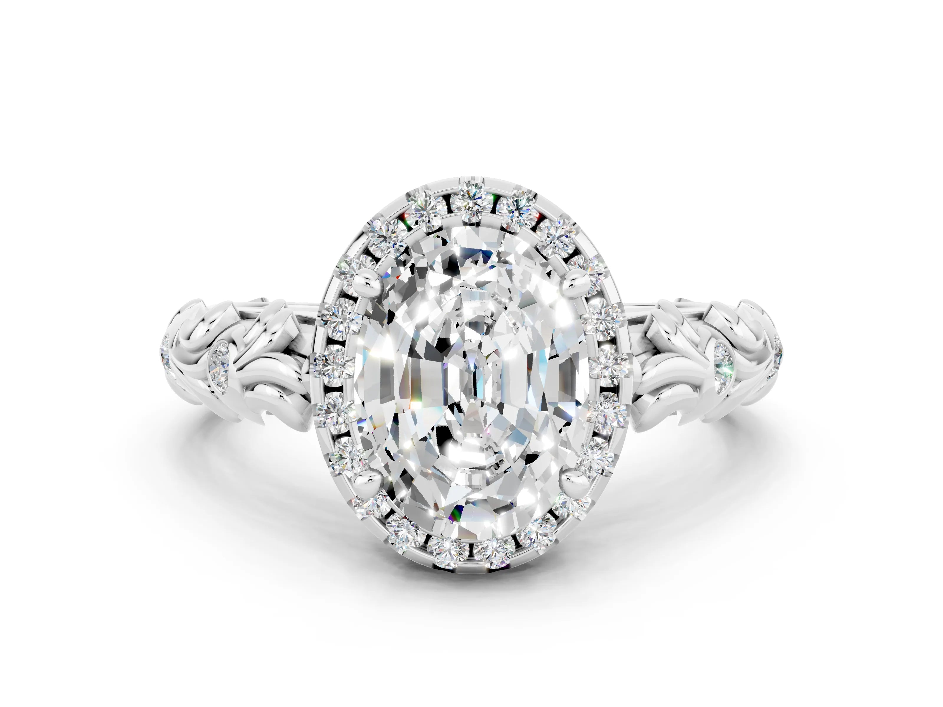 White gold Oval Cut Halo Diamond Solitaire with Filigree Band and Four-Prong Setting