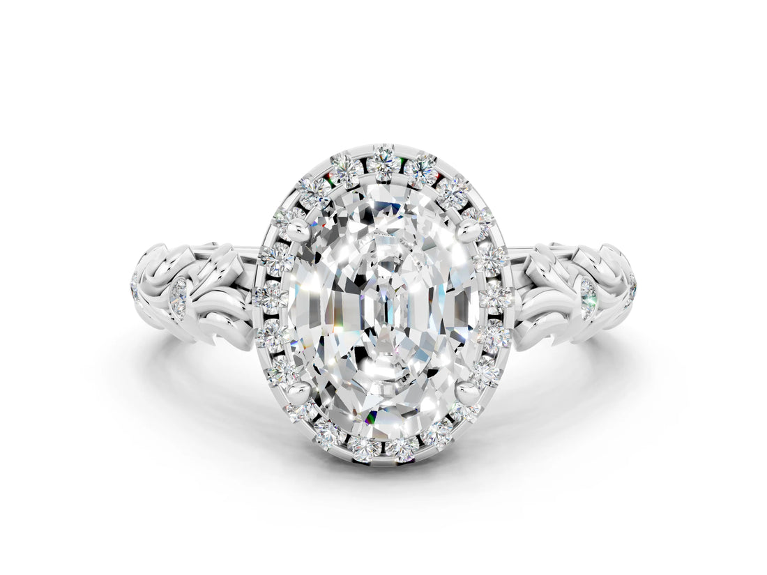White gold Oval Cut Halo Diamond Solitaire with Filigree Band and Four-Prong Setting
