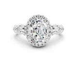 White gold Oval Cut Halo Diamond Solitaire with Filigree Band and Four-Prong Setting