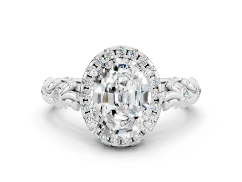 White gold Oval Cut Halo Diamond Solitaire with Filigree Band and Four-Prong Setting