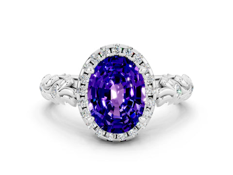 White gold Oval Cut Halo Diamond Solitaire with Filigree Band and Four-Prong Setting
