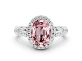 White gold Oval Cut Halo Diamond Solitaire with Filigree Band and Four-Prong Setting