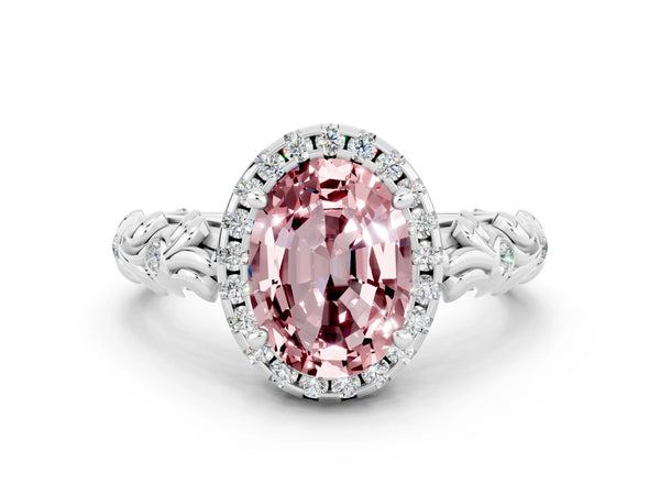 Platinum Oval Cut Halo Diamond Solitaire with Filigree Band and Four-Prong Setting