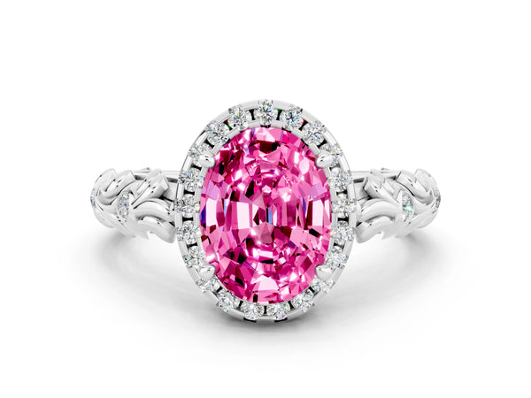 Silver Oval Cut Pink Sapphire Halo Ring with Filigree Band and Prong Setting