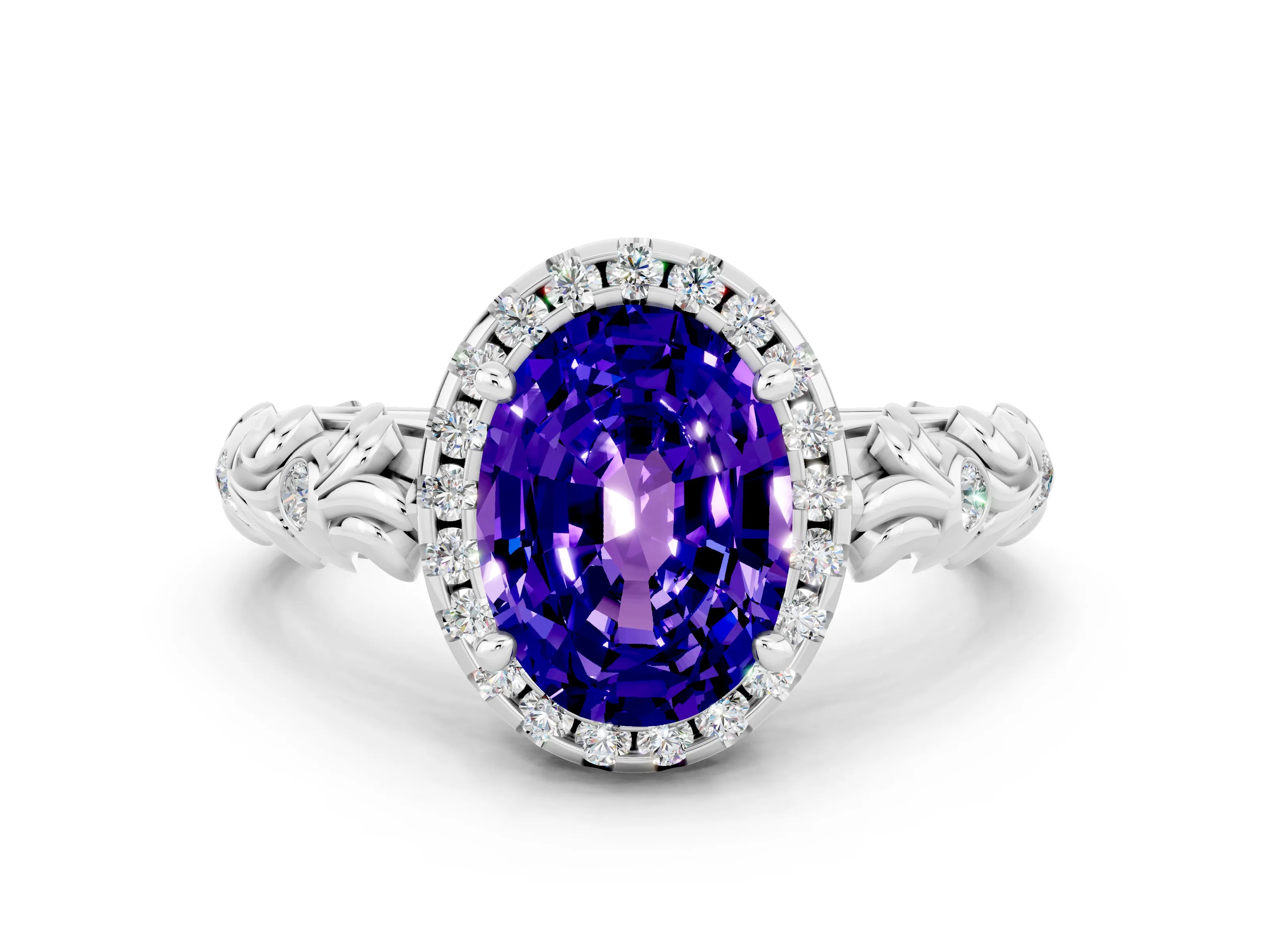 White gold Oval Cut Halo Diamond Solitaire with Filigree Band and Four-Prong Setting