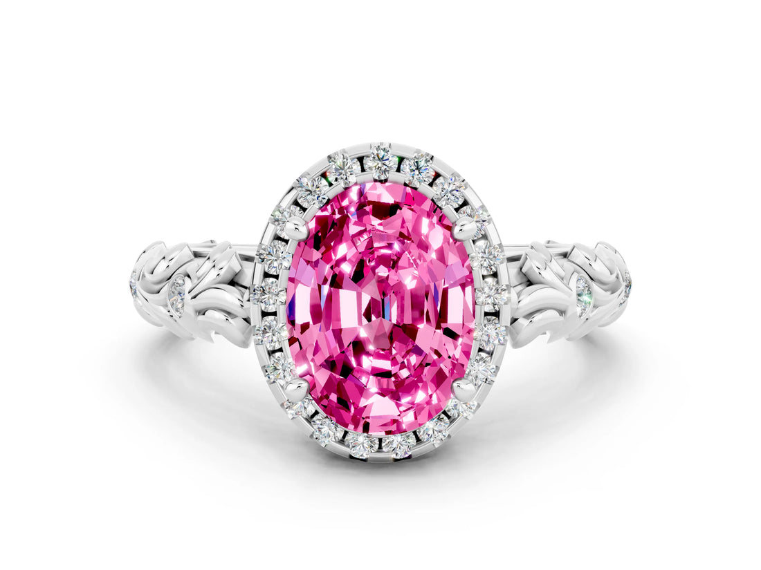 White gold Oval Cut Halo Diamond Solitaire with Filigree Band and Four-Prong Setting