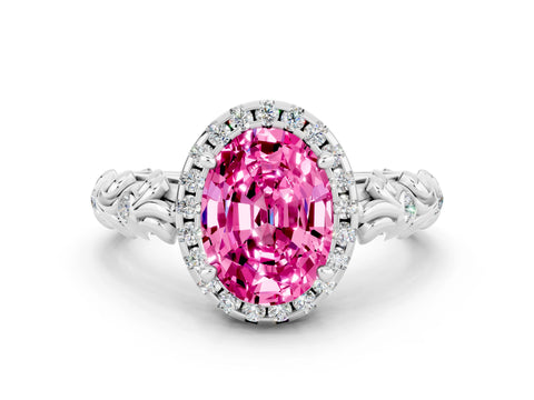 White gold Oval Cut Halo Diamond Solitaire with Filigree Band and Four-Prong Setting