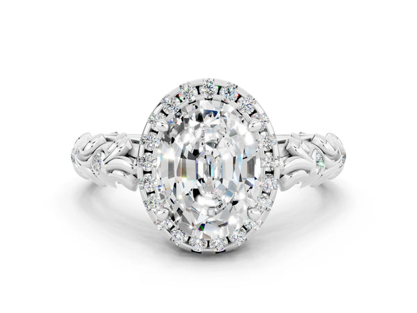 Silver Oval Cut Moissanite Halo Ring with Filigree Band and Prong Setting