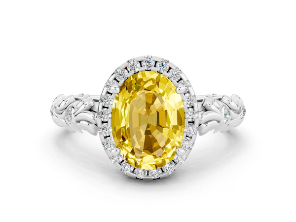 White gold Oval Cut Yellow Sapphire Halo Ring with Filigree Band and Prong Setting
