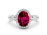 White gold Oval Cut Halo Diamond Solitaire with Filigree Band and Four-Prong Setting