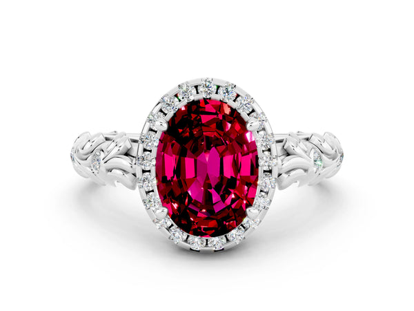Platinum Oval Cut Garnet Halo Ring with Filigree Band and Prong Setting