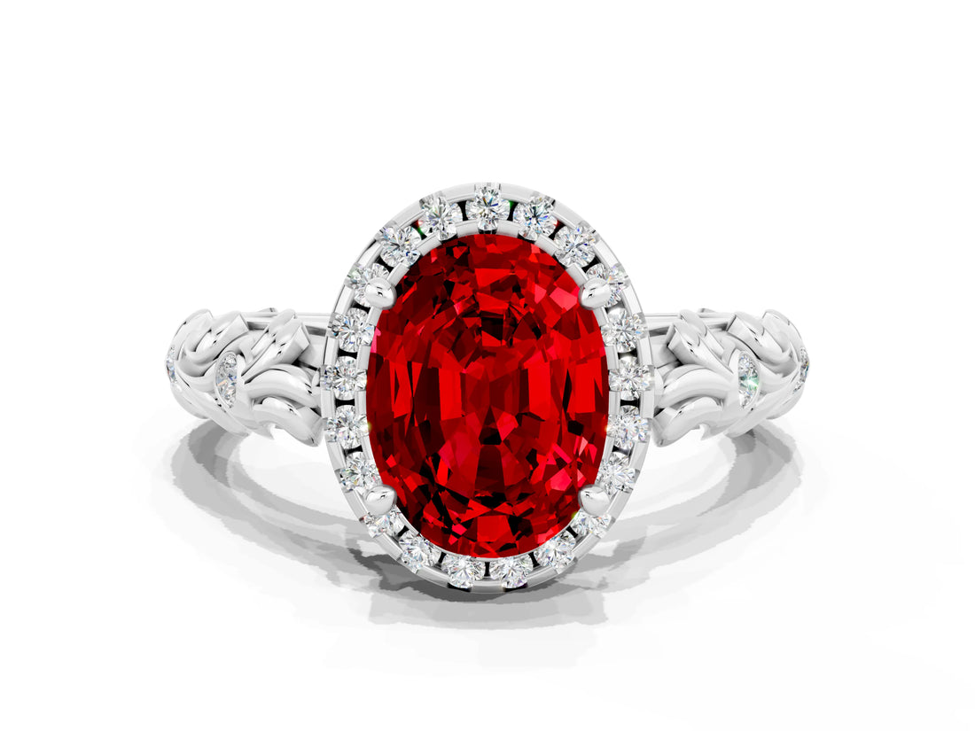 White gold Oval Cut Halo Diamond Solitaire with Filigree Band and Four-Prong Setting
