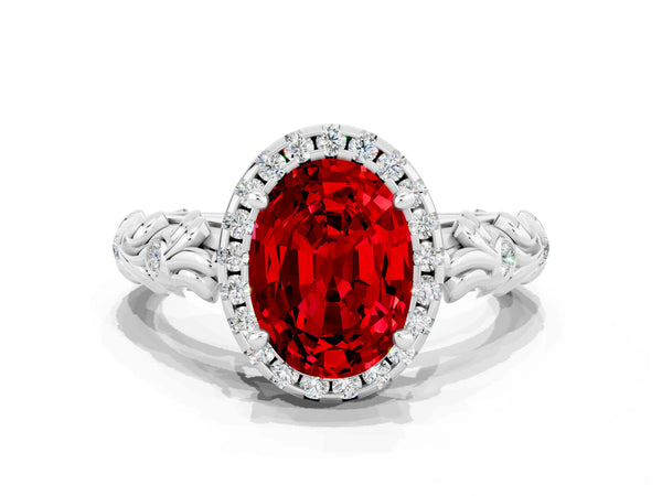 Platinum Oval Cut Ruby Halo Ring with Filigree Band and Prong Setting