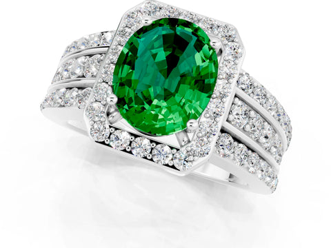 White gold Oval Cut Halo Emerald Ring with Split Shank and Four-Prong Setting_1