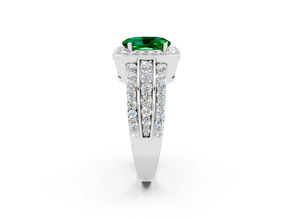 Platinum Oval Cut Halo Emerald Ring with Round  Split Shank and Prong Setting