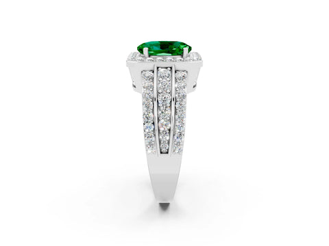 White gold Oval Cut Halo Emerald Ring with Split Shank and Four-Prong Setting_2