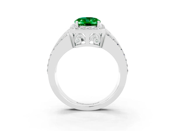 Platinum Oval Cut Halo Emerald Ring with Round  Split Shank and Prong Setting