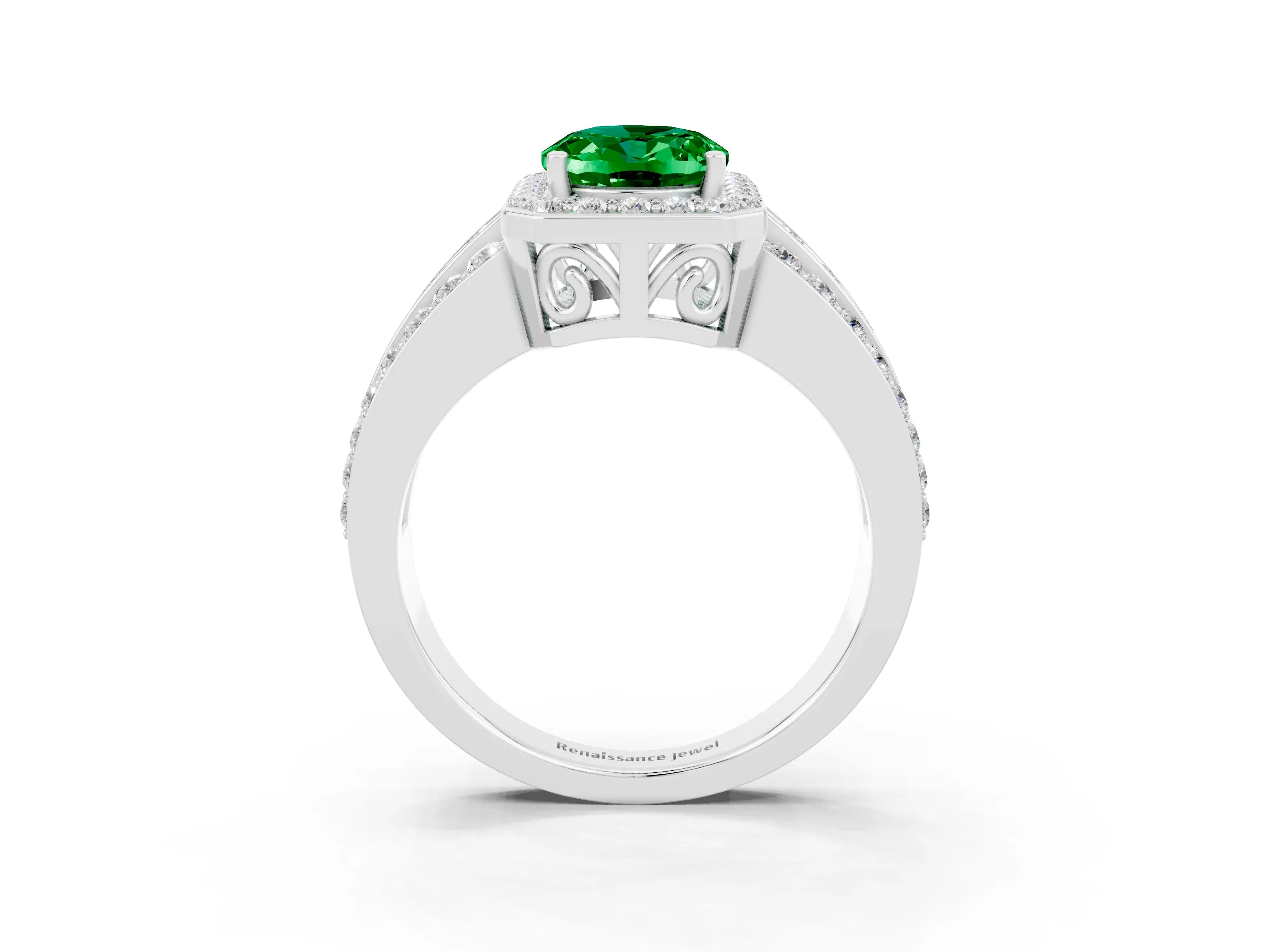 White gold Oval Cut Halo Emerald Ring with Split Shank and Four-Prong Setting_3