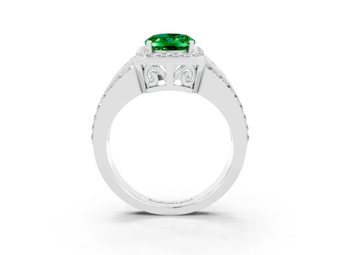 White gold Oval Cut Halo Emerald Ring with Split Shank and Four-Prong Setting_3