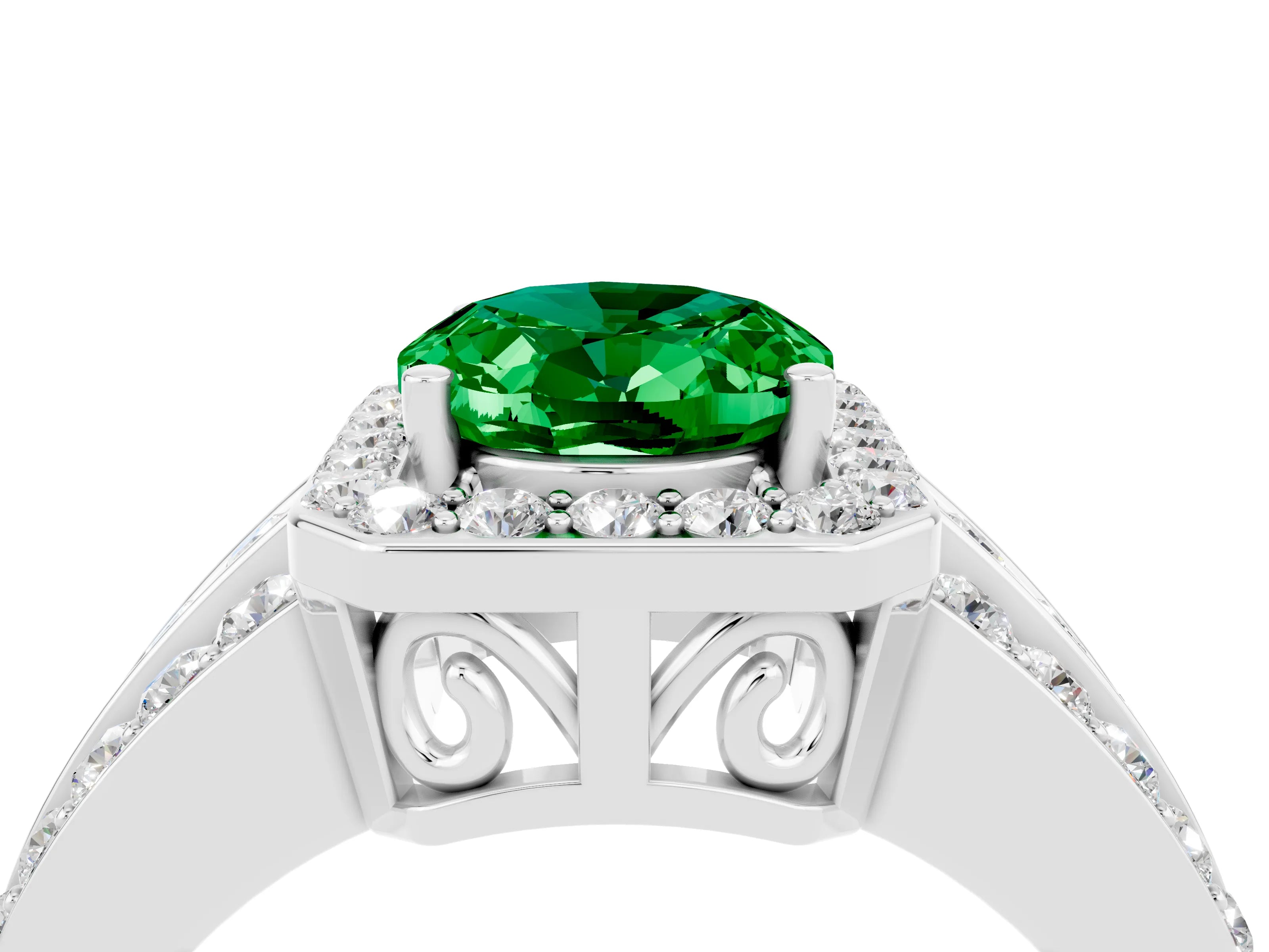 White gold Oval Cut Halo Emerald Ring with Split Shank and Four-Prong Setting_4