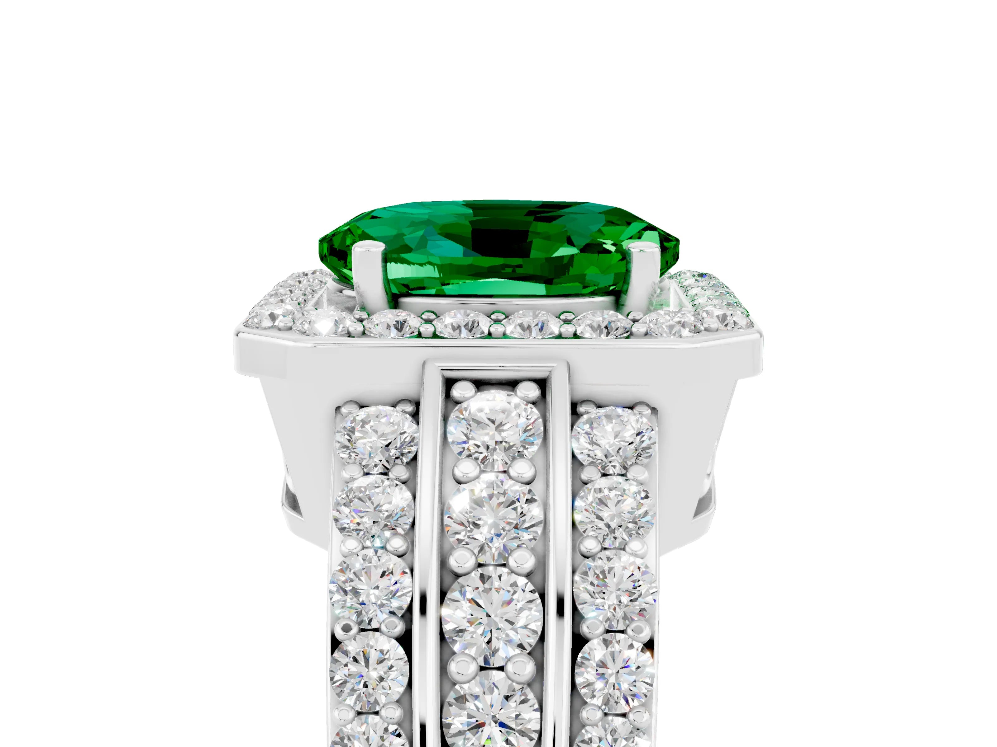 White gold Oval Cut Halo Emerald Ring with Split Shank and Four-Prong Setting_5