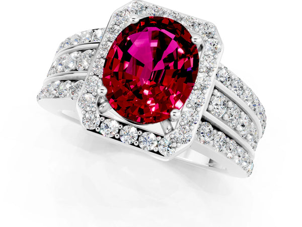 White gold Oval Cut Halo Garnet Ring with Round  Split Shank and Prong Setting