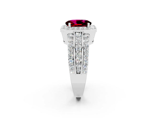 Silver Oval Cut Halo Garnet Ring with Round  Split Shank and Prong Setting