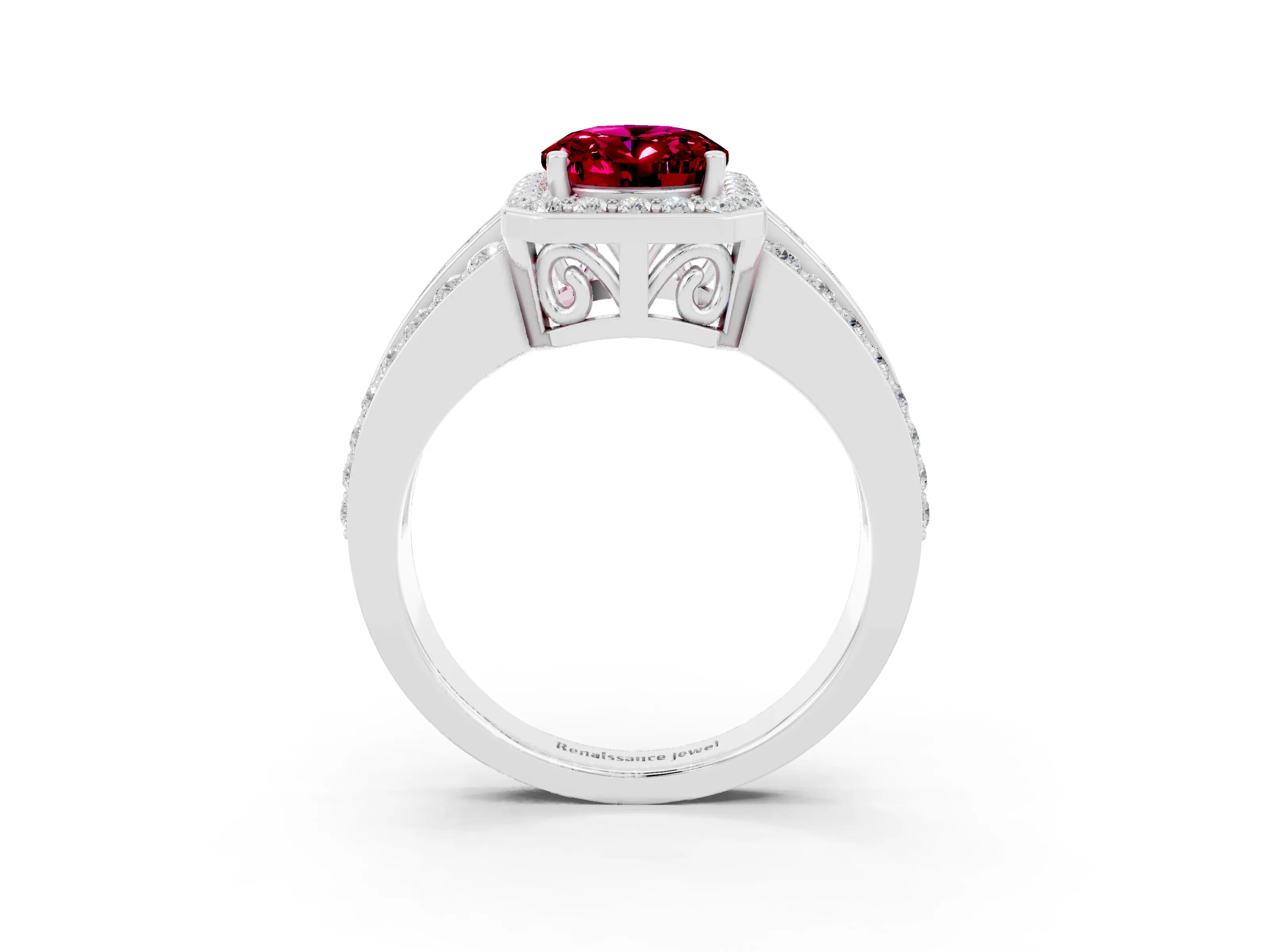 White gold Oval Cut Halo Garnet Ring with Split Shank and Four-Prong Setting_3