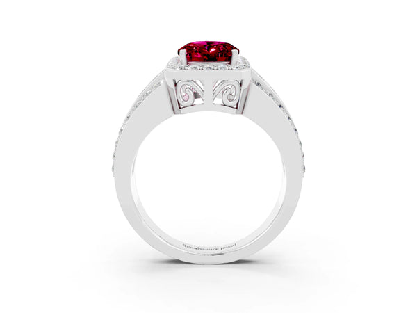 White gold Oval Cut Halo Garnet Ring with Round  Split Shank and Prong Setting