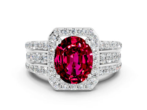 White gold Oval Cut Halo Garnet Ring with Split Shank and Four-Prong Setting