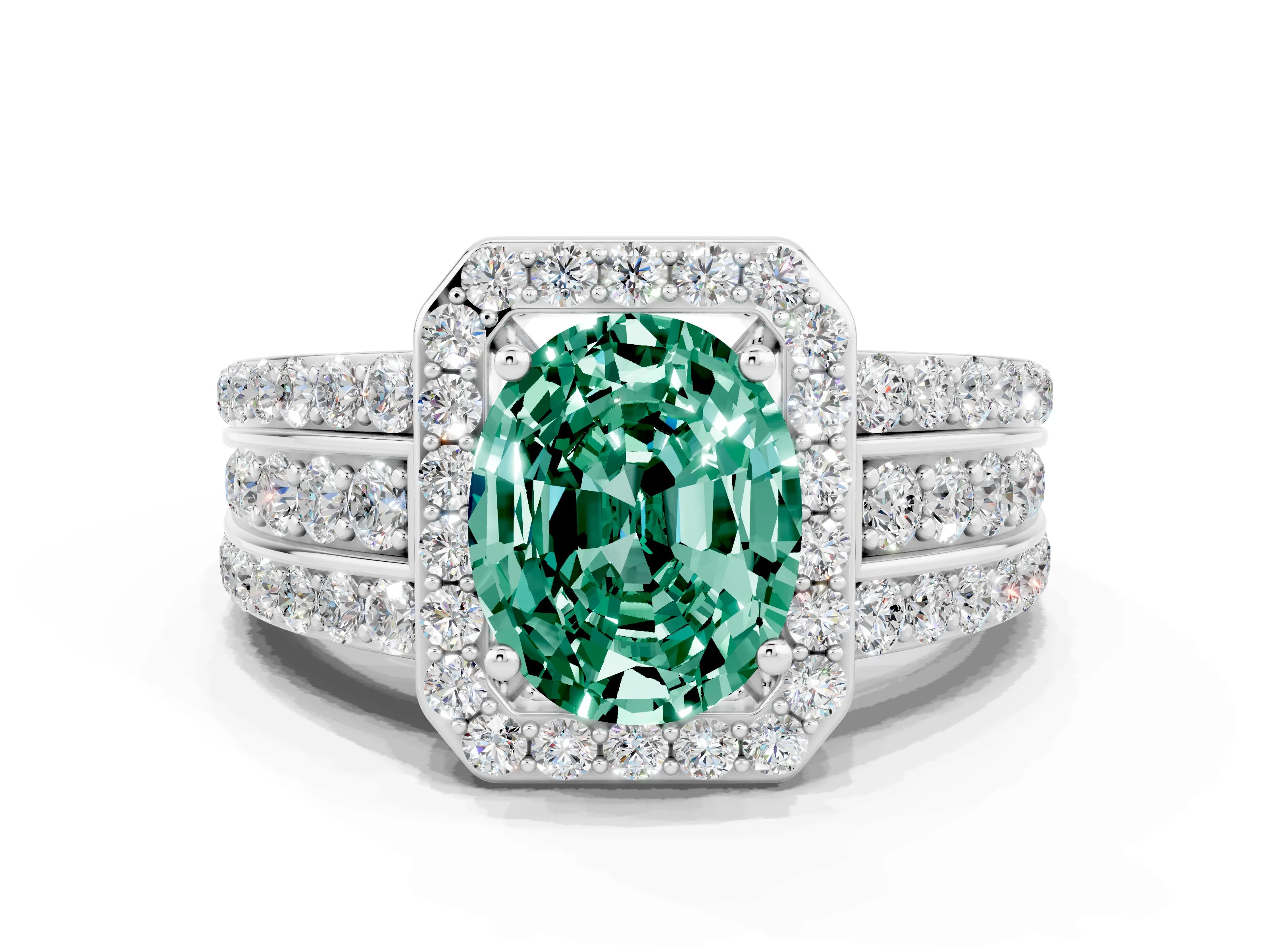 White gold Oval Cut Halo Green Sapphire Ring with Split Shank and Four-Prong Setting