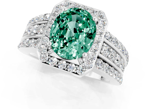 Silver Oval Cut Halo Green Sapphire Ring with Round  Split Shank and Prong Setting