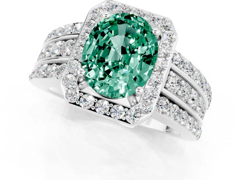 White gold Oval Cut Halo Green Sapphire Ring with Split Shank and Four-Prong Setting_1