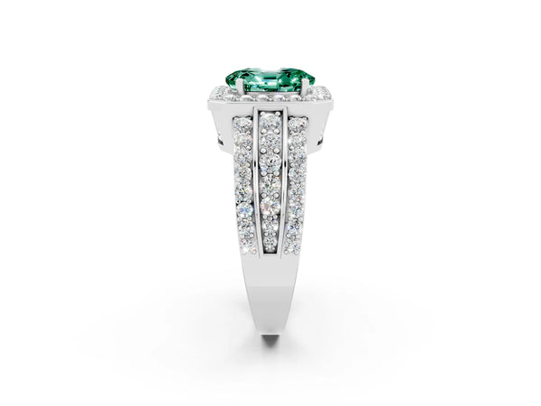 Platinum Oval Cut Halo Green Sapphire Ring with Round  Split Shank and Prong Setting