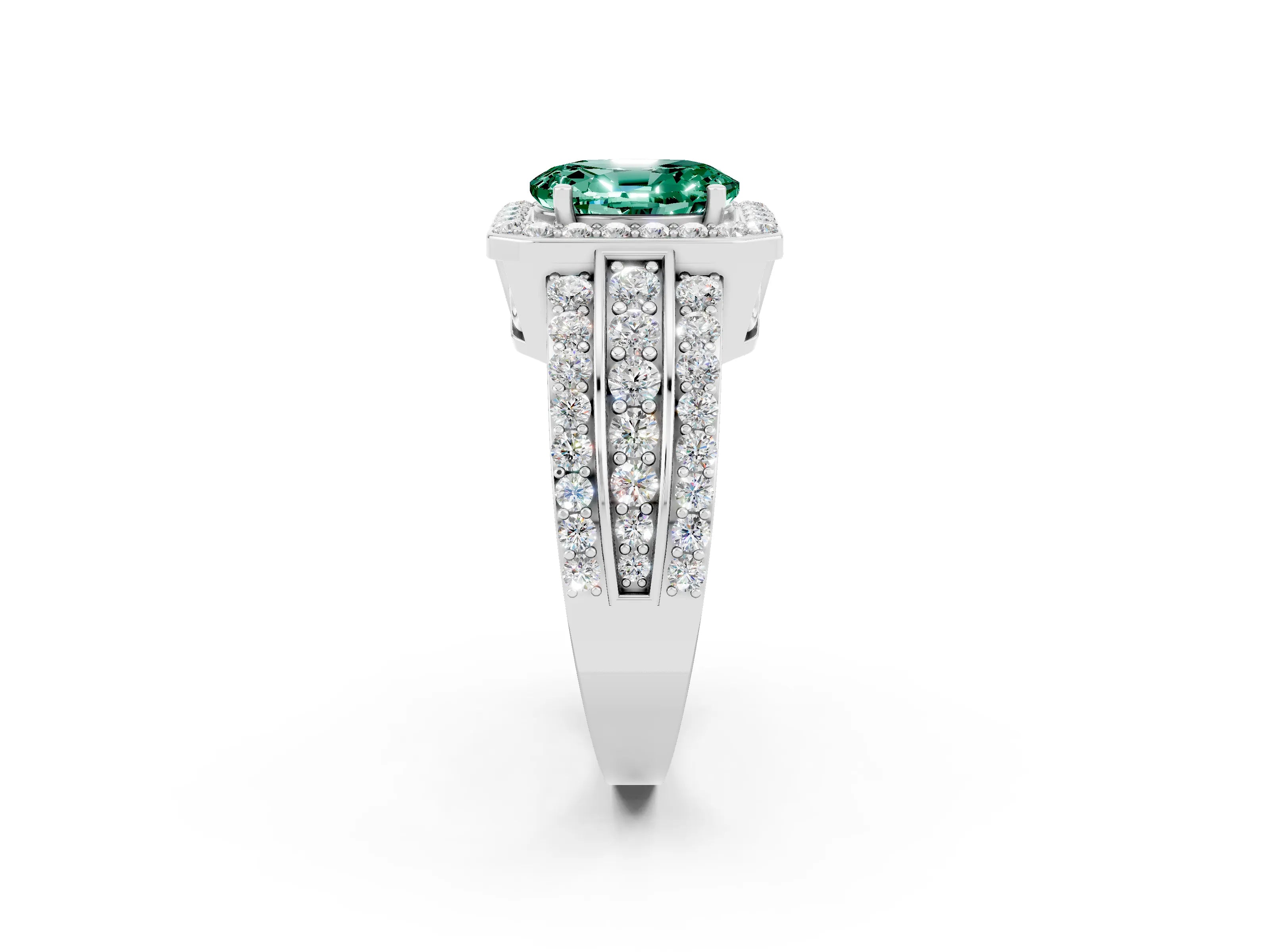 White gold Oval Cut Halo Green Sapphire Ring with Split Shank and Four-Prong Setting_2