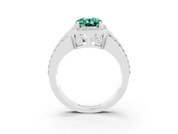 Platinum Oval Cut Halo Green Sapphire Ring with Round  Split Shank and Prong Setting